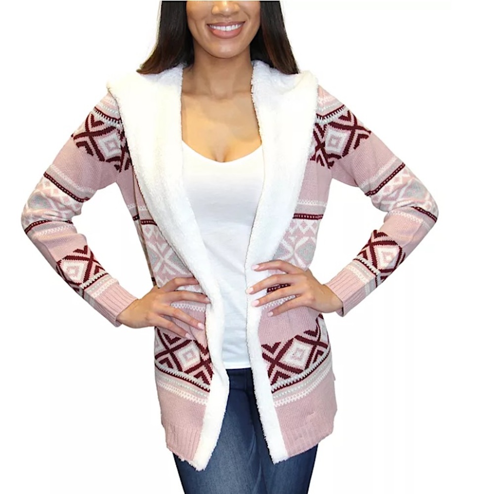 PATTERNED FLEECE TRIM HOODED CARDIGAN